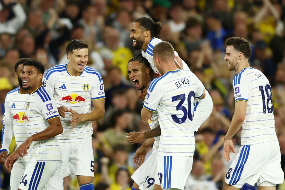 Leeds’ Noah Okafor celebrates scoring their fourth goal against Newcastle with teammates.