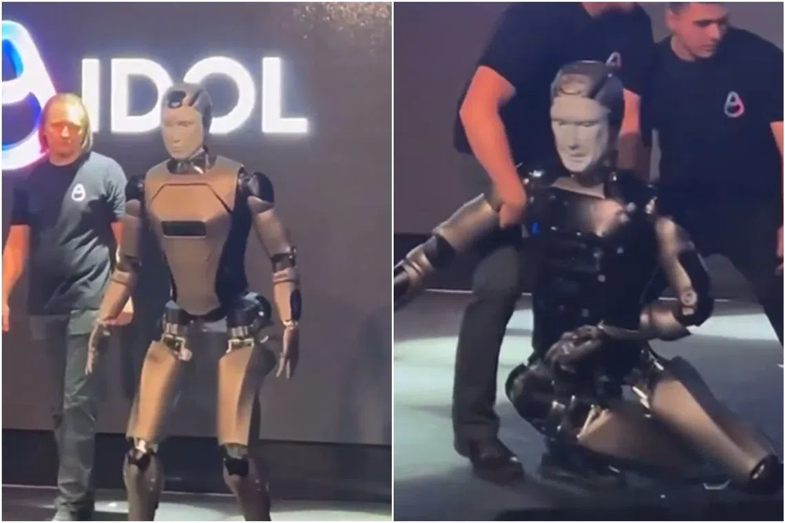 An AI-powered humanoid robot, AIDOL, fell flat on its face when it made its debut onstage in Moscow on Nov 11.