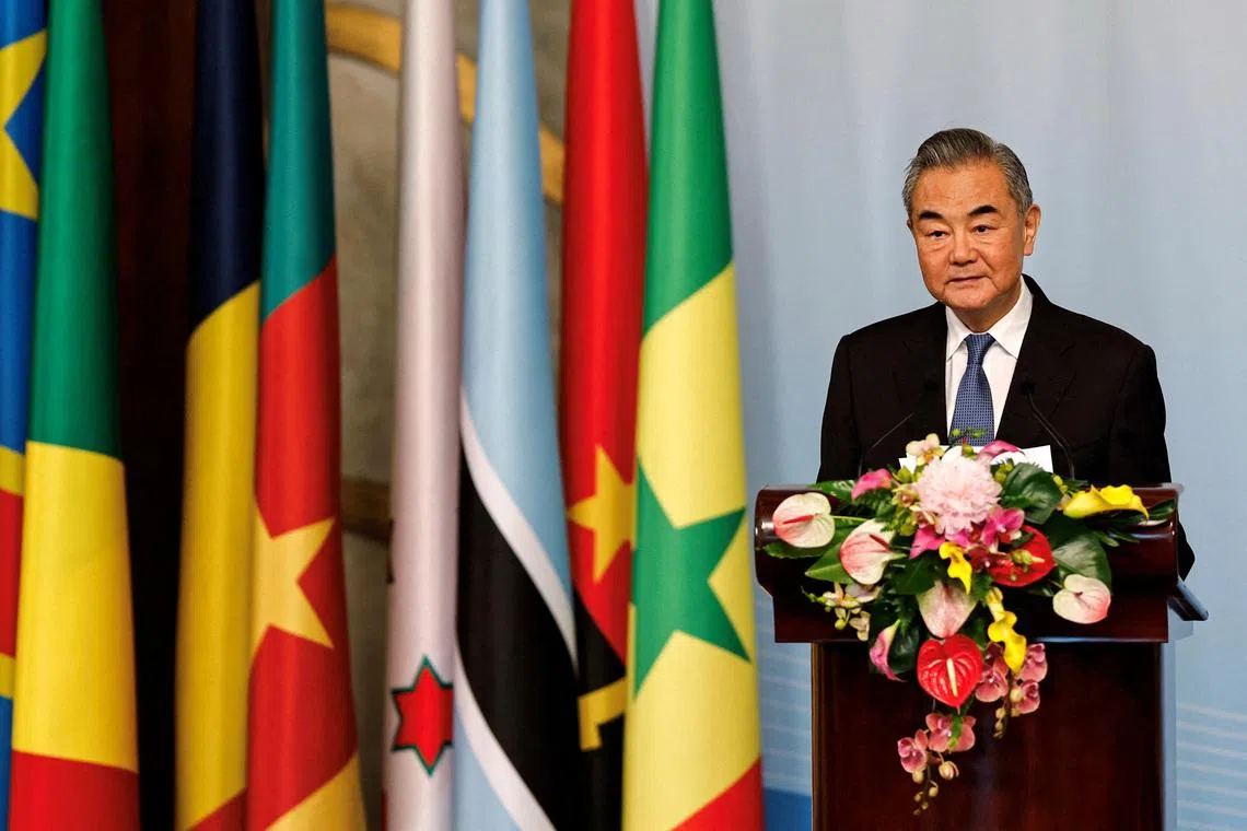 FILE PHOTO: China's Foreign Minister Wang Yi delivers a speech at the ministerial conference of the 2024 Summit of the Forum on China-Africa Cooperation (FOCAC) in Beijing, China September 3, 2024. REUTERS/Tingshu Wang/Pool/File Photo