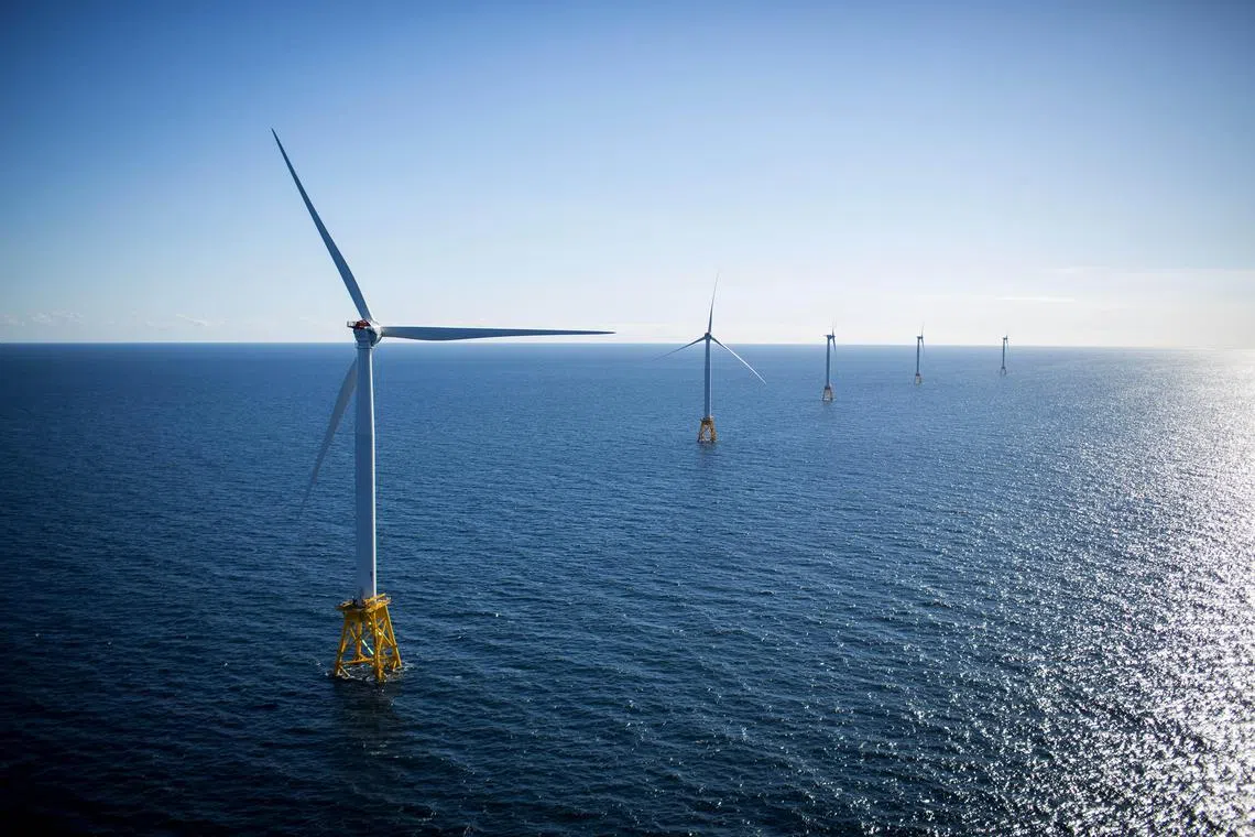 The GE-Alstom Block Island Wind Farm stands in the water off Block Island, Rhode Island, U.S., on Wednesday, Sept, 14, 2016. The installation of five 6-megawatt offshore-wind turbines at the Block Island project gives turbine supplier GE-Alstom first-mover advantage in the U.S. over its rivals Siemens and MHI-Vestas. Photographer: Eric Thayer/Bloomberg