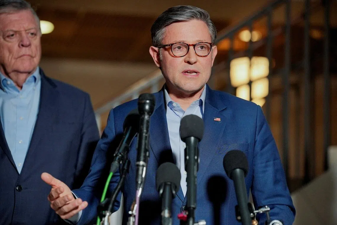 U.S. Speaker of the House Mike Johnson (R-LA) speaks to the media following a briefing for Congressional leaders on the situation in Iran, on Capitol Hill in Washington, D.C., U.S., March 2, 2026. REUTERS/Ken Cedeno