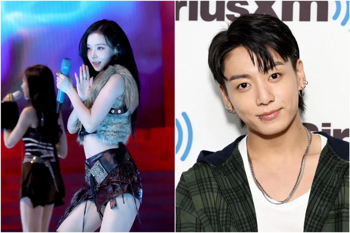 Fans are protesting against the alleged romance between BTS' Jungkook (right) and Aespa's Winter.