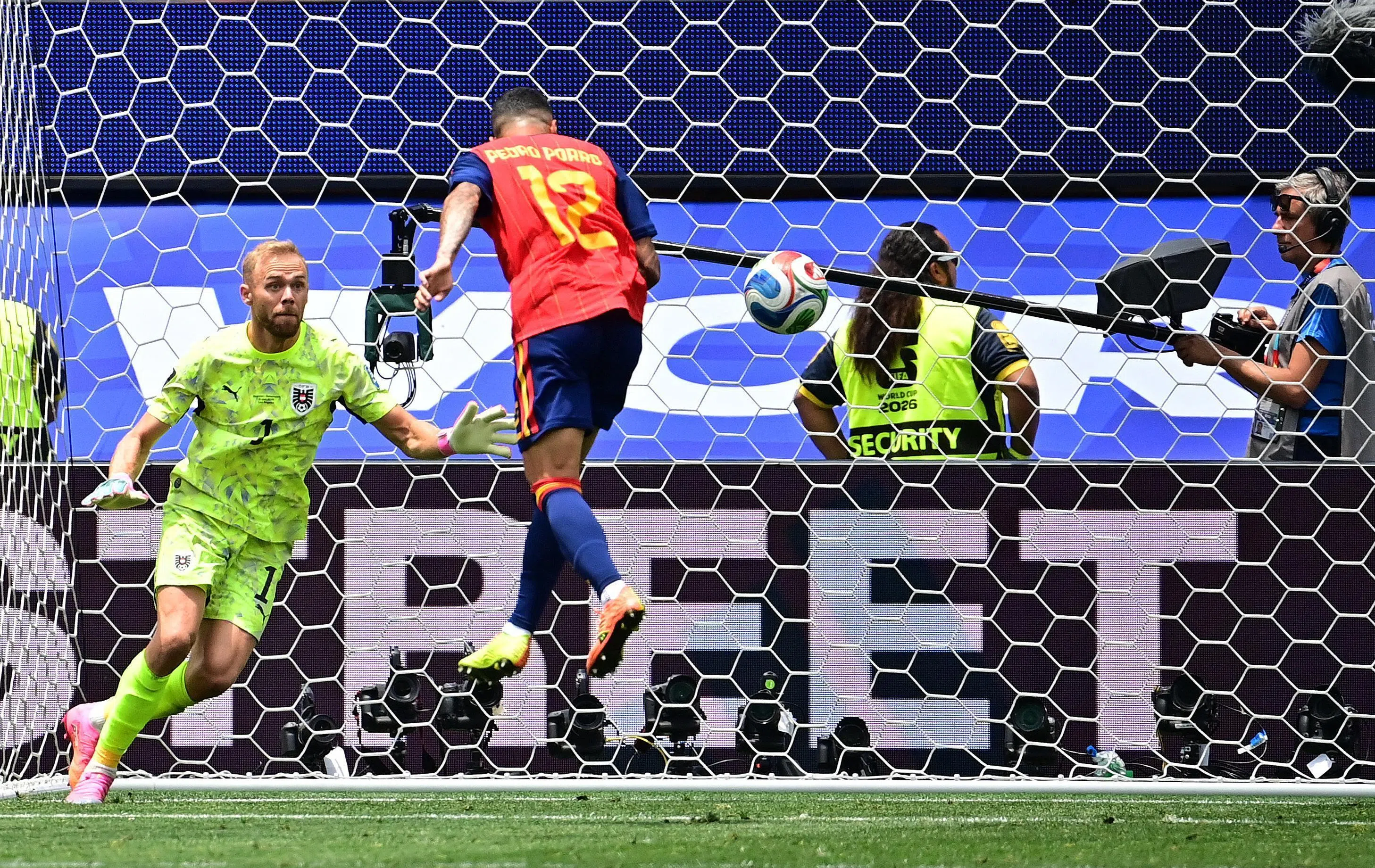 Soccer Football - FIFA World Cup 2026 - Round of 32 - Spain v Austria - Los Angeles Stadium, Inglewood, California, U.S. - July 2, 2026
Spain's Pedro Porro scores their second goal past Austria's Alexander Schlager IMAGN IMAGES via Reuters/Gary Vasquez