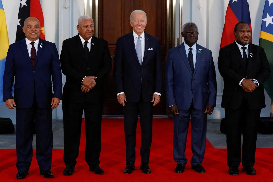 US President Joe Biden poses with Federated States of Micronesia's President David Panuelo, Fiji's Prime Minister Frank Bainimarama, Solomon Islands Prime Minister Manasseh Sogavare and Papua New Guinea's Prime Minister James Marape in Washington on Sept 29, 2022. 