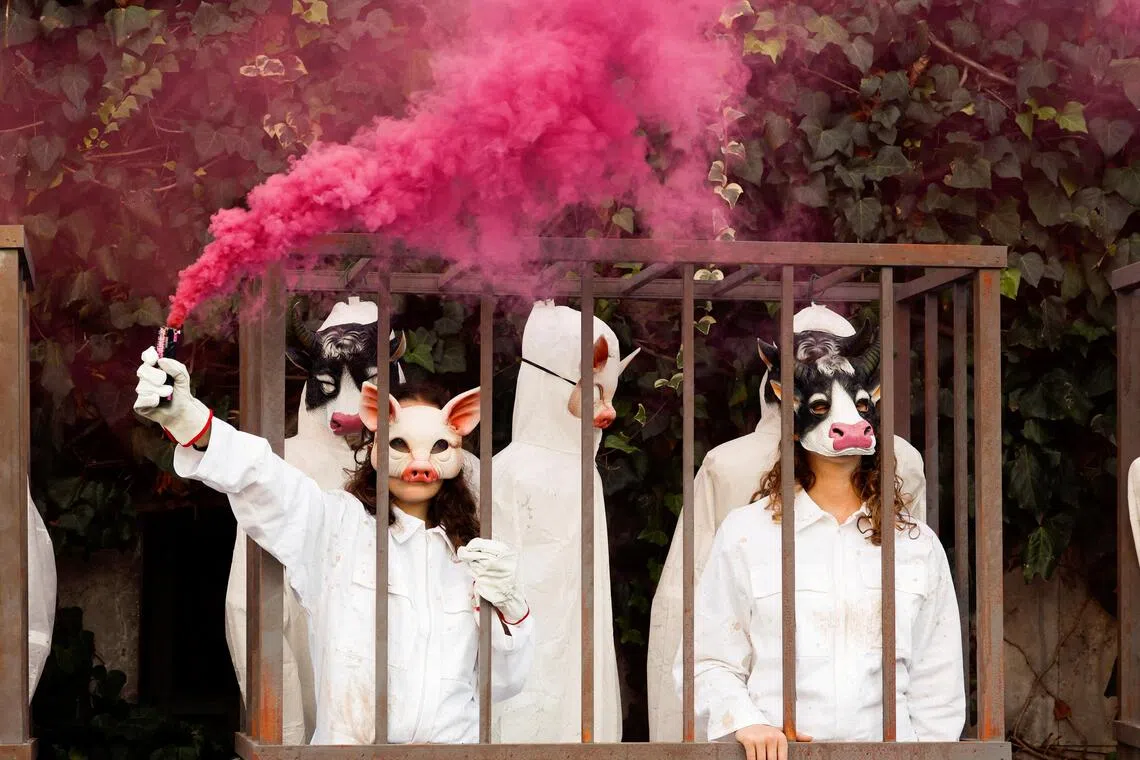 Masked Greenpeace activists in cages staging a protest as delegates arrive at a U.N. conference, outside the Food and Agriculture Organization (FAO) headquarters, in Rome, Italy, on Sept 29, 2025.