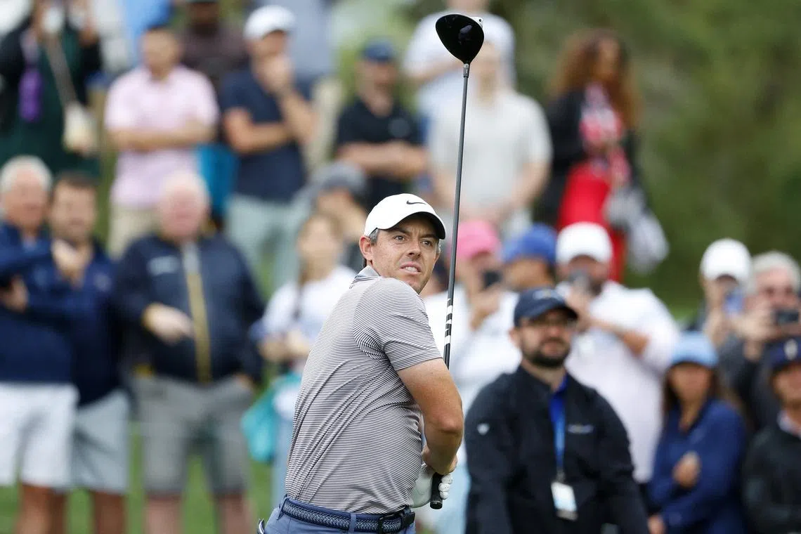 Mar 16, 2025; Ponte Vedra Beach, Florida, USA; Rory McIlroy watches his drive on the sixteenth tee during the final round of The Players Championship golf tournament at TPC Sawgrass. Mandatory Credit: Jeff Swinger-Imagn Images