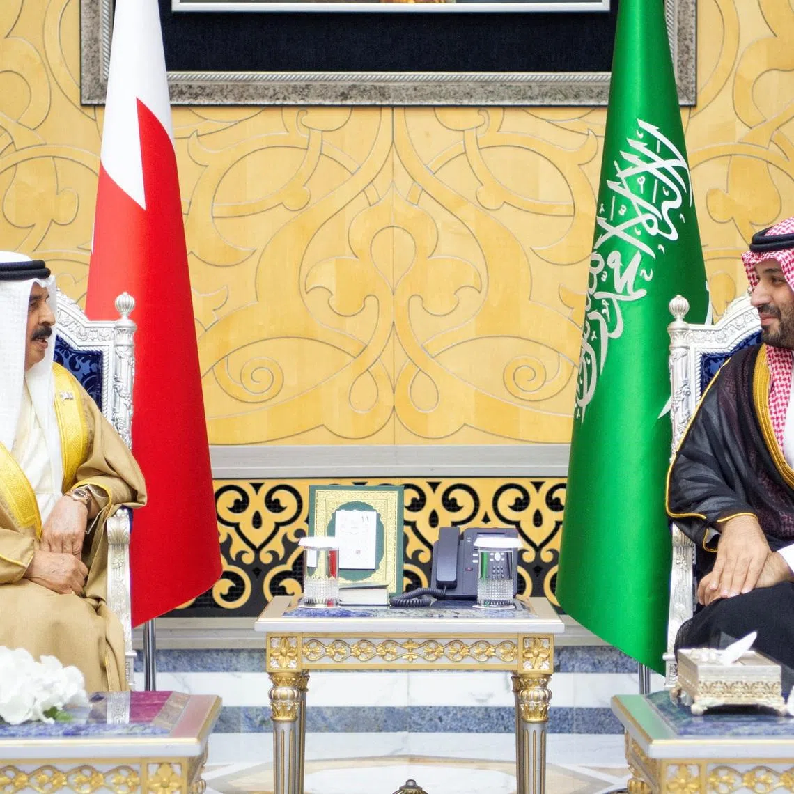 Saudi Crown Prince Mohammed bin Salman receives Bahrain's King Sheikh Hamad bin Isa al-Khalifa ahead of an exceptional meeting of the Gulf Cooperation Council (GCC), the first in-person meeting of Gulf leaders since their states became a front in the Iran war two months ago, In Jeddah, Saudi Arabia, April 28, 2026. Bandar Algaloud/Courtesy of Saudi Royal Court/Handout via REUTERS
