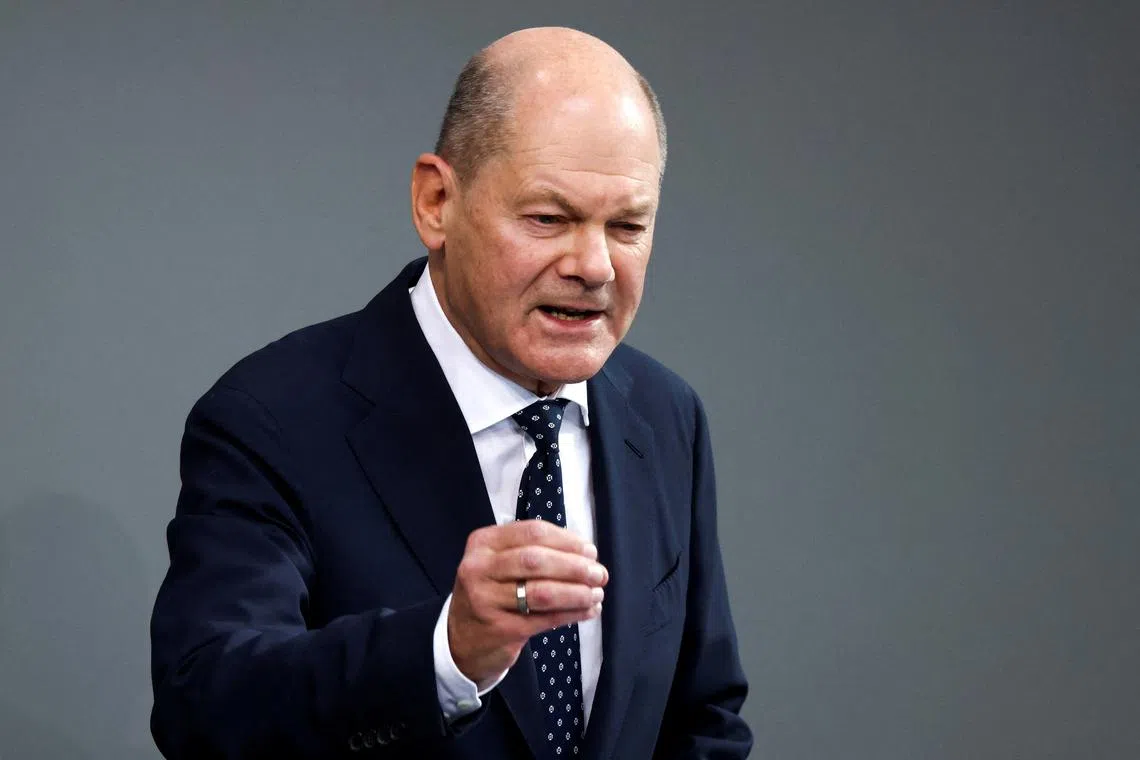 FILE PHOTO: German Chancellor Olaf Scholz speaks during a session of the lower house of parliament Bundestag, in Berlin, Germany, October 16, 2024. REUTERS/Liesa Johannssen/File Photo