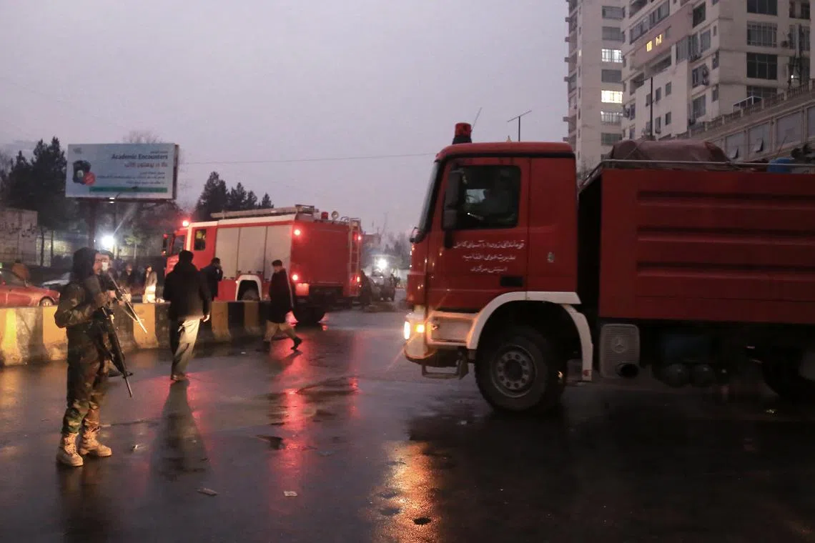 A fire truck at the scene of a bomb blast outside the Afghan Foreign Ministry in Kabul, Afghanistan, on Jan 11, 2023. 