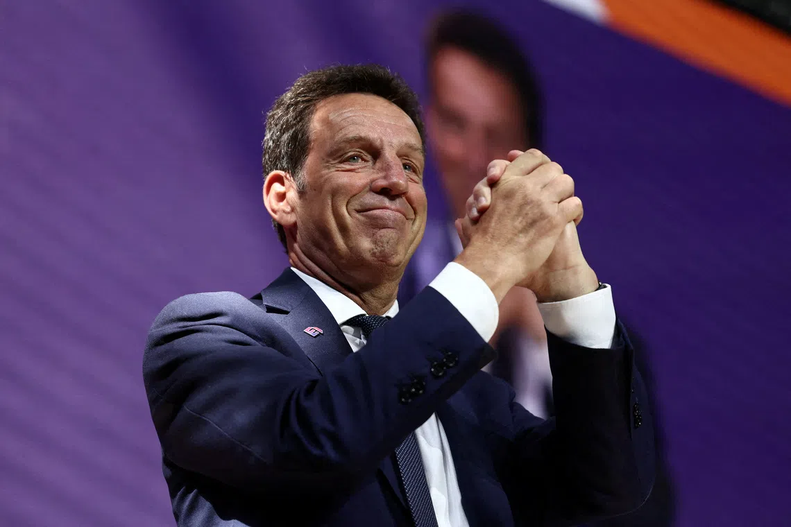 FILE PHOTO: Outgoing French employers body MEDEF union leader Geoffroy Roux de Bezieux reacts as he delivers a speech during a meeting to elect a new leader of the French business organisation MEDEF, in Meudon, near Paris, France, July 6, 2023. REUTERS/Stephanie Lecocq/File Photo