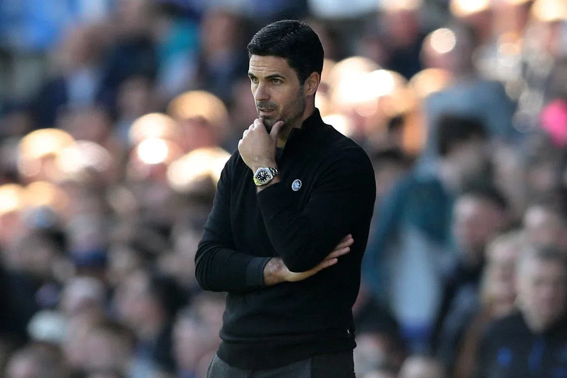 Soccer Football - Premier League - Everton v Arsenal - Goodison Park, Liverpool, Britain - April 5, 2025 Arsenal manager Mikel Arteta reacts REUTERS/Scott Heppell EDITORIAL USE ONLY. NO USE WITH UNAUTHORIZED AUDIO, VIDEO, DATA, FIXTURE LISTS, CLUB/LEAGUE LOGOS OR 'LIVE' SERVICES. ONLINE IN-MATCH USE LIMITED TO 120 IMAGES, NO VIDEO EMULATION. NO USE IN BETTING, GAMES OR SINGLE CLUB/LEAGUE/PLAYER PUBLICATIONS. PLEASE CONTACT YOUR ACCOUNT REPRESENTATIVE FOR FURTHER DETAILS..