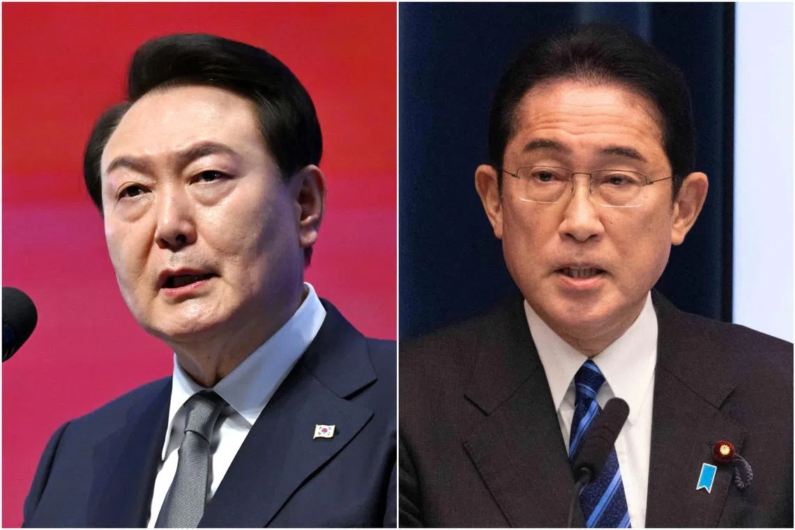 South Korea President Yoon Suk Yeol (left) may visit Japan for talks with Prime Minister Fumio Kishida later this month. 