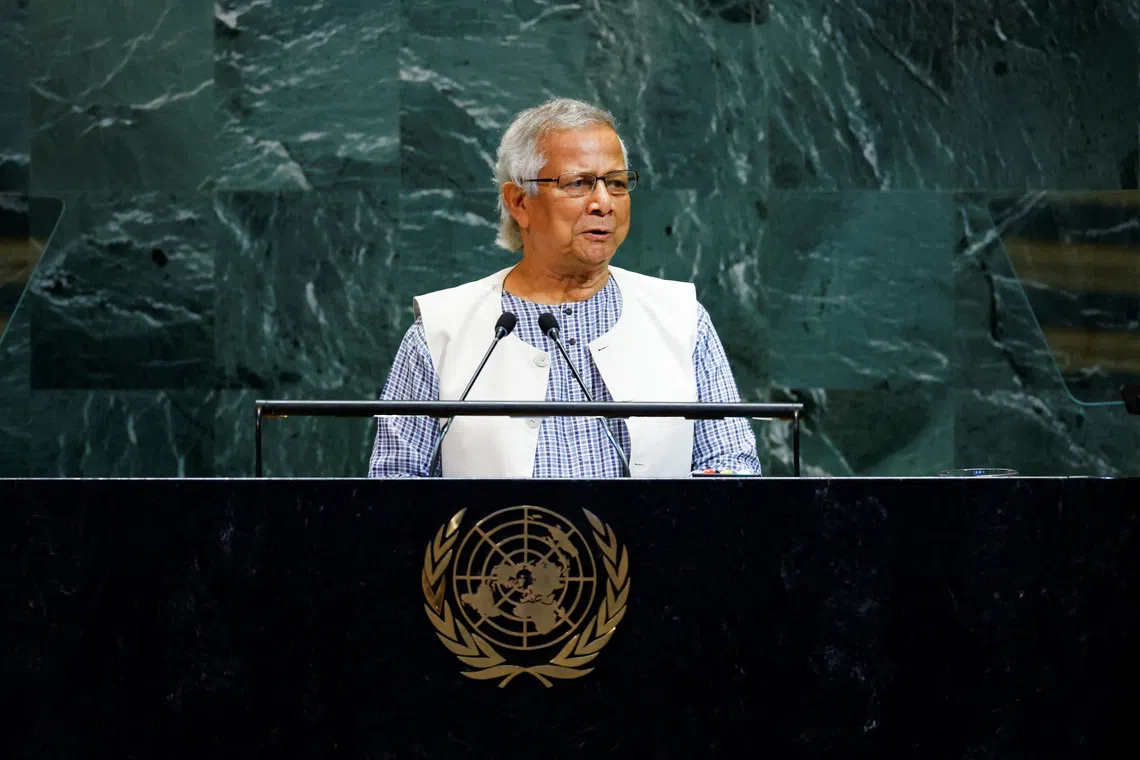 Bangladesh's Chief Adviser of the interim Government Muhammad Yunus addresses the 80th United Nations General Assembly (UNGA) at U.N. headquarters in New York City, U.S., September 26, 2025. REUTERS/Kylie Cooper