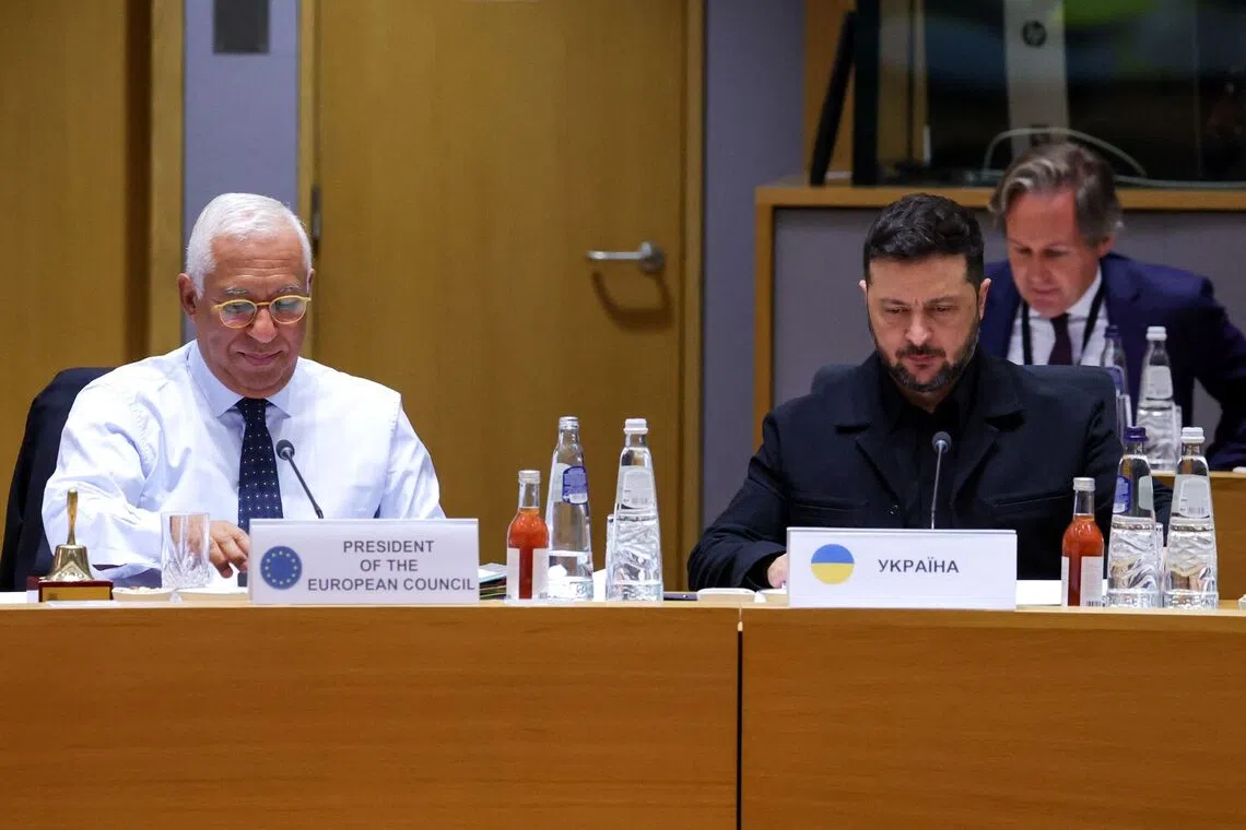 European Council president Antonio Costa and Ukrainian President Volodymyr Zelensky at an EU summit in Brussels on Oct 23.