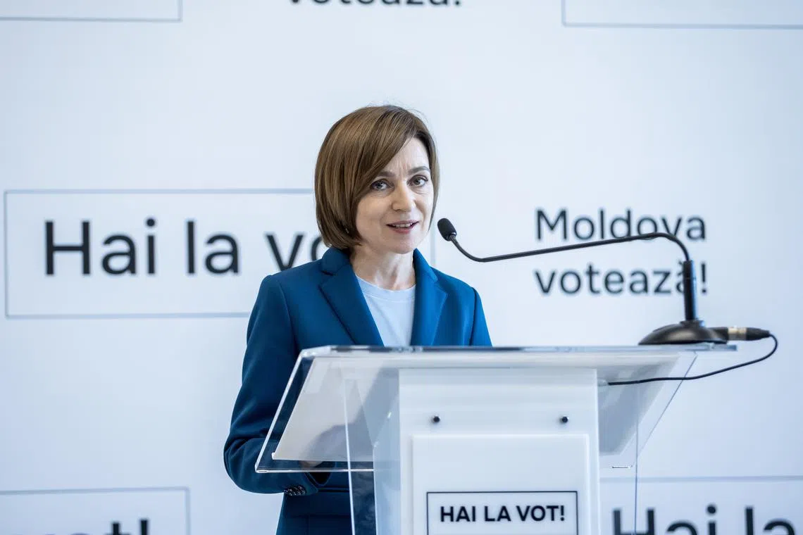 Moldovan President Maia Sandu speaks during a press conference following the presidential elections and EU membership referendum in Chisinau, Moldova, on Oct 21, 2024. 