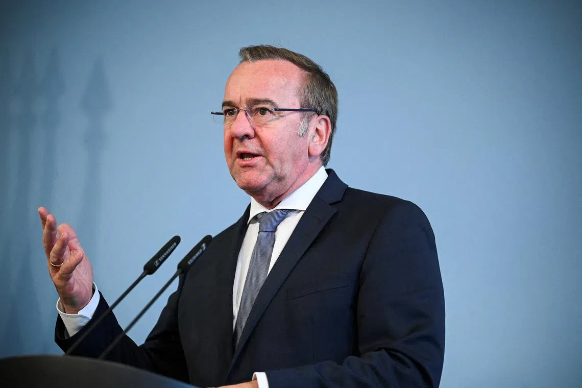 FILE PHOTO: German Defence Minister Boris Pistorius speaks at a press conference, which he holds with Lithuanian Defence Minister Laurynas Kasciunas (not pictured), at the Ministry of Defence in Berlin, Germany, May 16, 2024. REUTERS/Annegret Hilse/File Photo