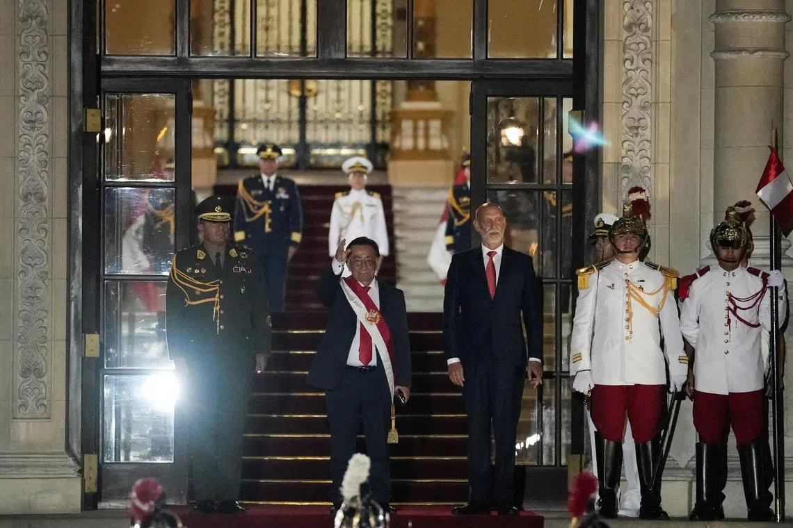 Jose Balcazar gestures after he was elected as interim president, following a session by Peruvian lawmakers to choose a new leader of Congress to assume Peru's presidency, after they ousted President Jose Jeri over a scandal involving undisclosed meetings with a Chinese businessman, in Lima, Peru, February 18, 2026. REUTERS/Angela Ponce
