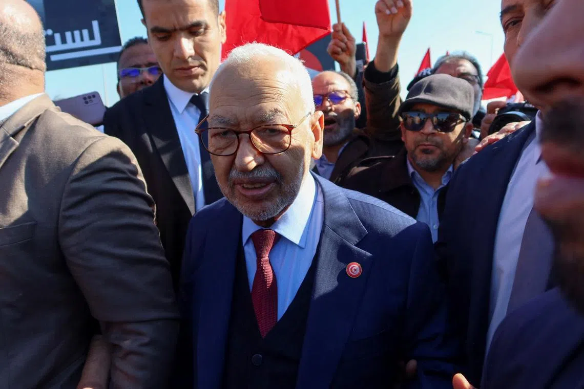 FILE PHOTO: Rached Ghannouchi, head of the Islamist Ennahda party and speaker of an elected parliament that Tunisian President Kais Saied formally dissolved last year, arrives at a court for questioning in Tunis, Tunisia February 21, 2023. REUTERS/Jihed Abidellaoui/File Photo