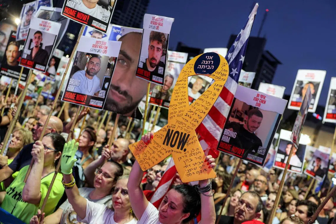 People protesting in Tel Aviv on Aug 9 for the return of Israeli hostages held in Gaza.
