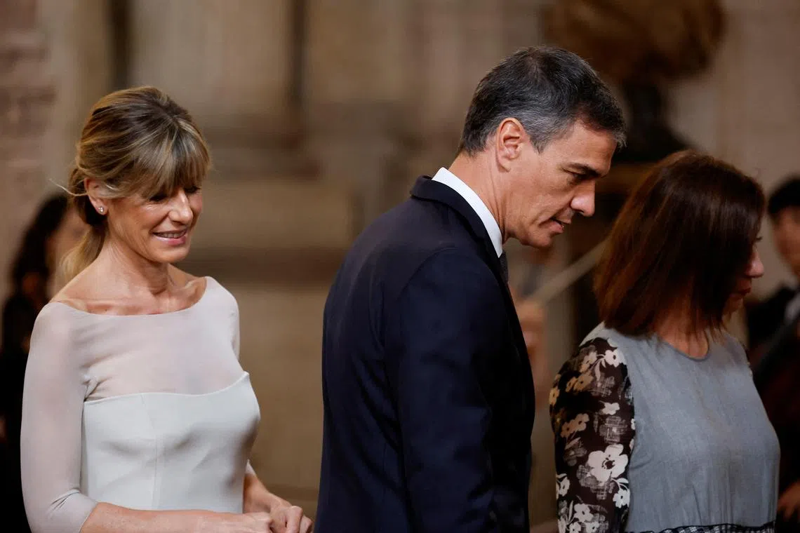 FILE PHOTO: Spanish Prime Minister Pedro Sanchez and his wife Begona Gomez attend commemorations marking the 10th anniversary of the proclamation of King Felipe VI at Royal Palace in Madrid, Spain, June 19, 2024. REUTERS/Juan Medina/Pool/File Photo