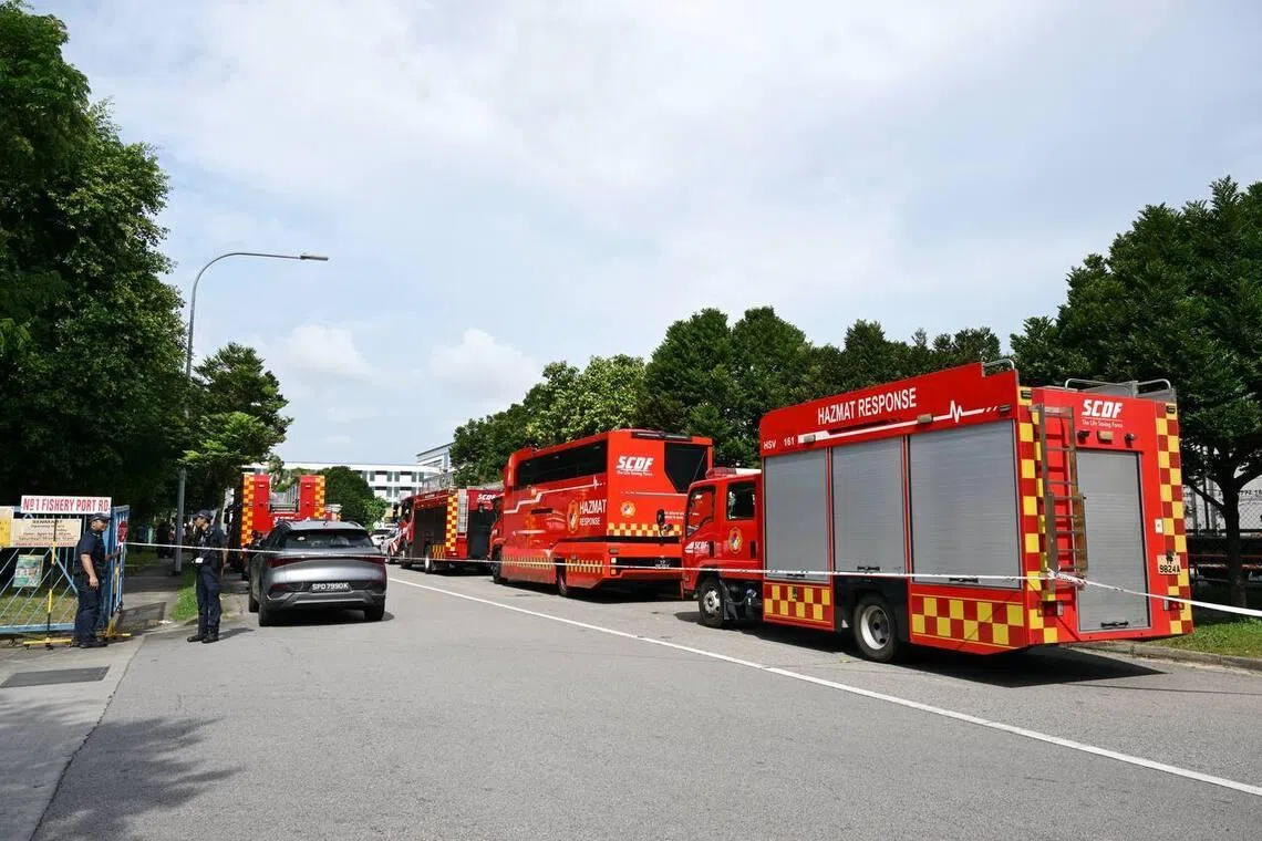 When ST arrived at the scene at about 3.15pm, parts of Fishery Port Road were cordoned off and at least six SCDF vehicles were on site.