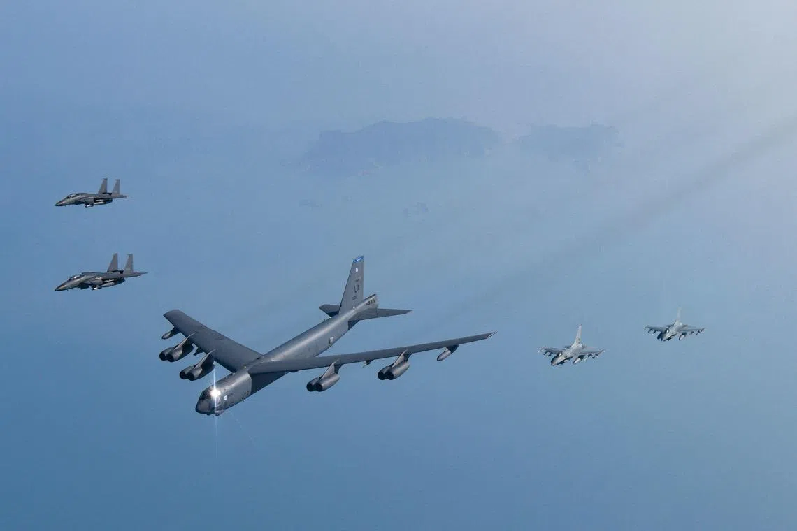 A US B-52 bomber escorted by South Korean warplanes during a military exercise in March.