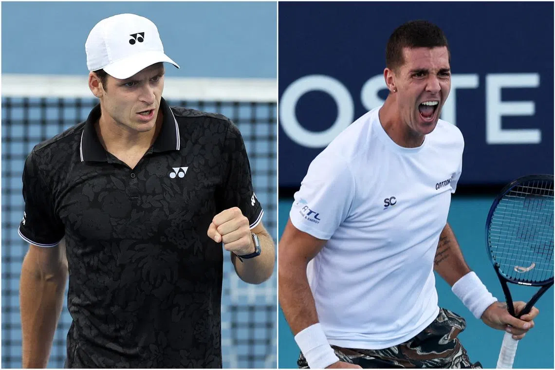 Hubert Hurkacz (left) was pushed all the way by Thanasi Kokkinakis before emerging with a victory.