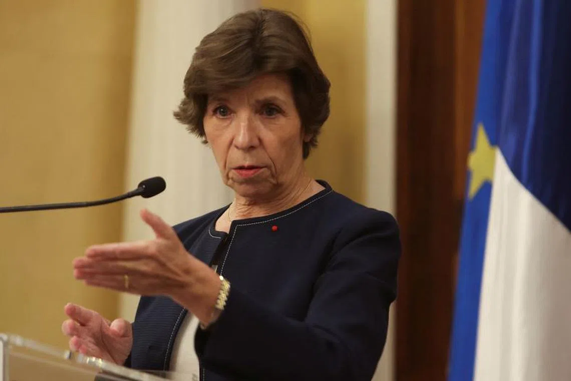 French Foreign Minister Catherine Colonna gestures as she speaks during a press conference at the Pine Residence, the official residence of the French ambassador to Lebanon, in Beirut, Lebanon December 18, 2023. REUTERS/Aziz Taher