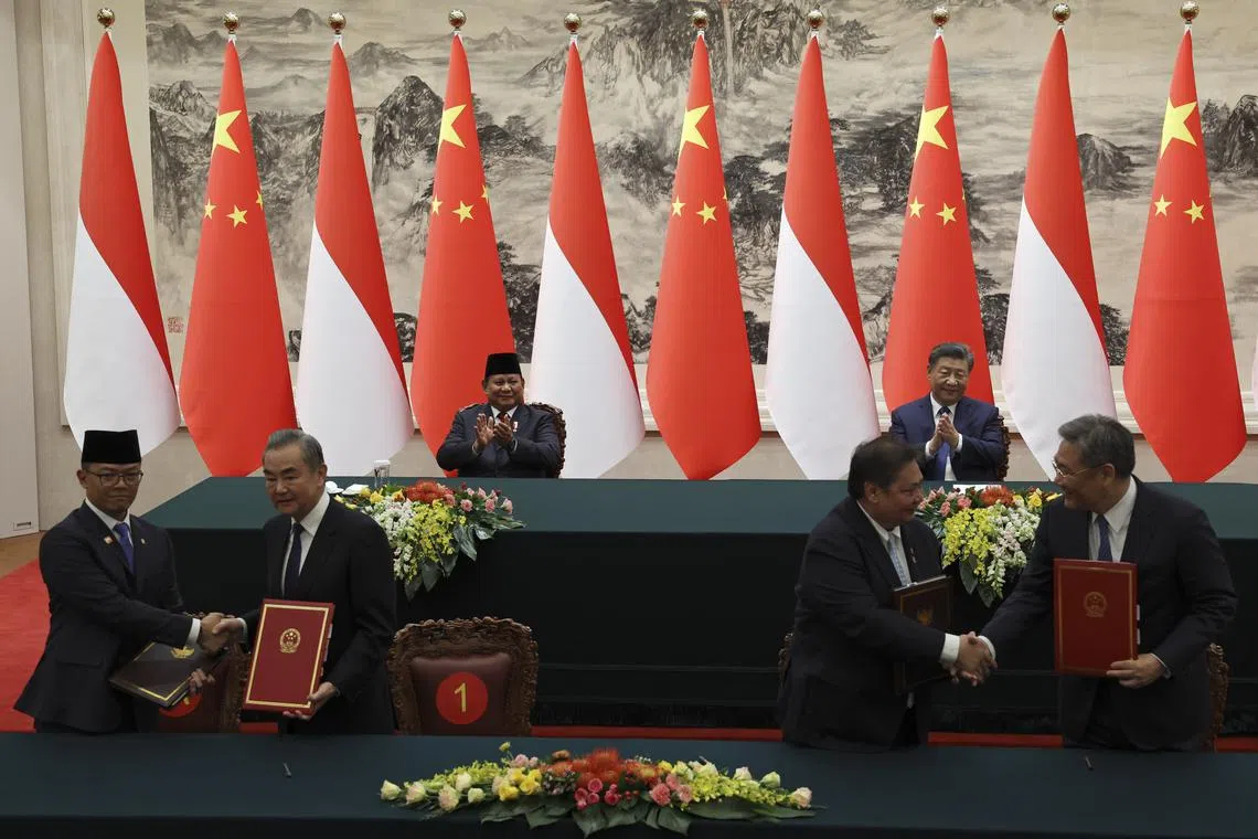 Indonesian President Prabowo Subianto and Chinese President Xi Jinping witnessing a signing ceremony at the Great Hall of the People in Beijing, on Nov 9.