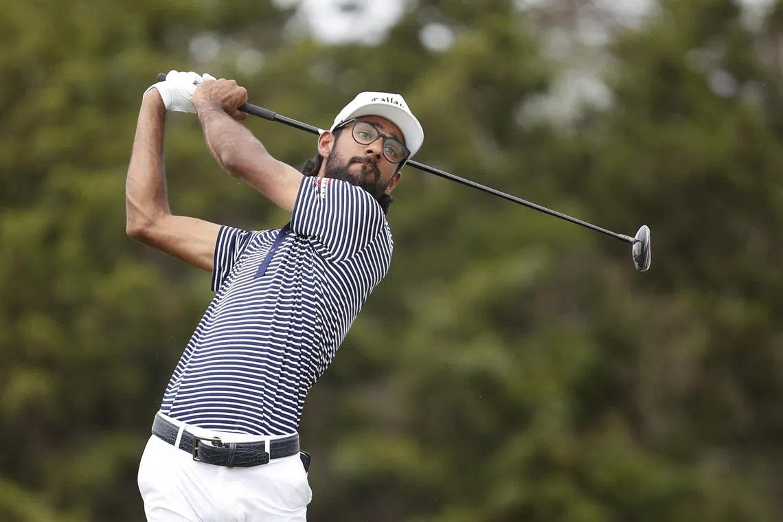 Akshay Bhatia of the United States plays his tee shot on the 11th hole during the final round of the Valero Texas Open at TPC San Antonio on April 7. 2024.