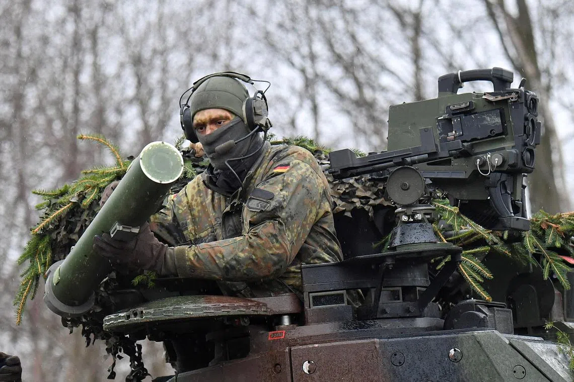 A German soldier taking part in a Nato high-readiness exercise in Marienberg, Germany, January 12, 2023. REUTERS/Matthias Rietschel/File Photo