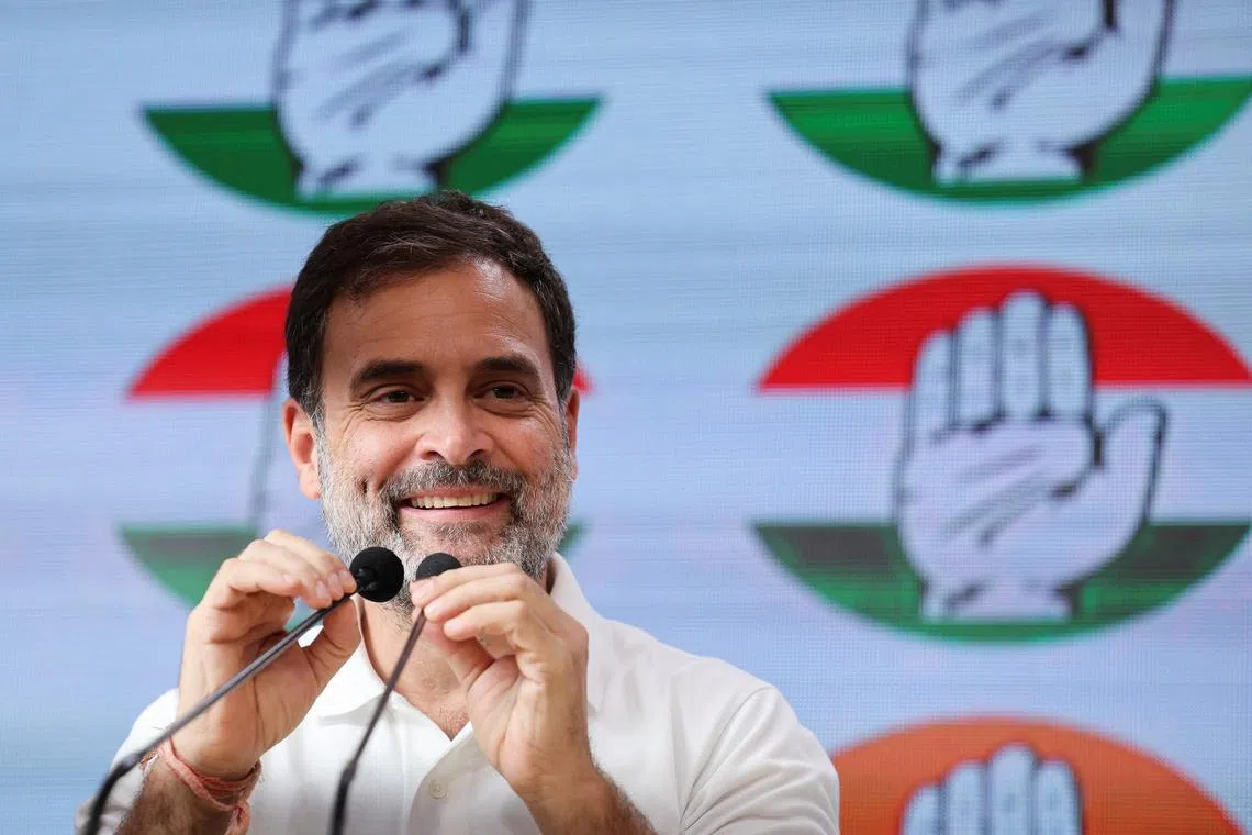 Rahul Gandhi, a senior leader of India's main opposition Congress party, holds a press conference at the party's headquarter in New Delhi, India, June 4, 2024. REUTERS/Anushree Fadnavis