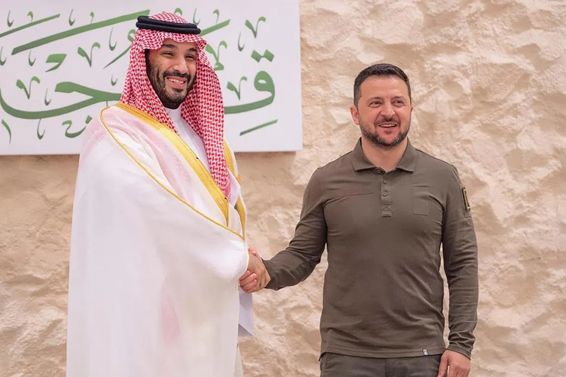 Saudi Crown Prince Mohammed bin Salman with Ukrainian President Volodymyr Zelensky before attending the Arab League summit on May 19.