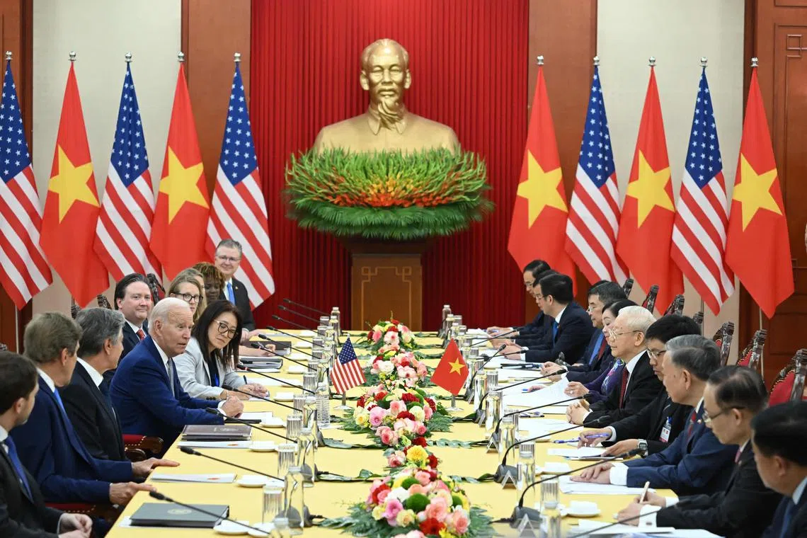 US President Joe Biden (left, centre) and Vietnam's Communist Party General Secretary Nguyen Phu Trong (right, centre) meeting in Hanoi on Sept 10.