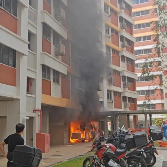 A video posted on Xiaohongshu on Feb 16 shows dark smoke billowing from the void deck and rising several storeys high.