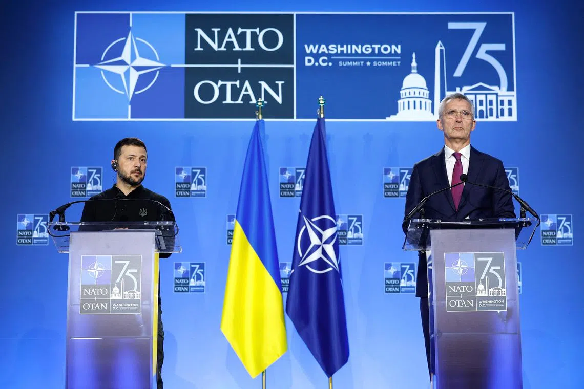 Ukrainian President Volodymyr Zelensky (left) and Nato secretary-general Jens Stoltenberg holding a press conference at the Nato summit in Washington, on July 11.