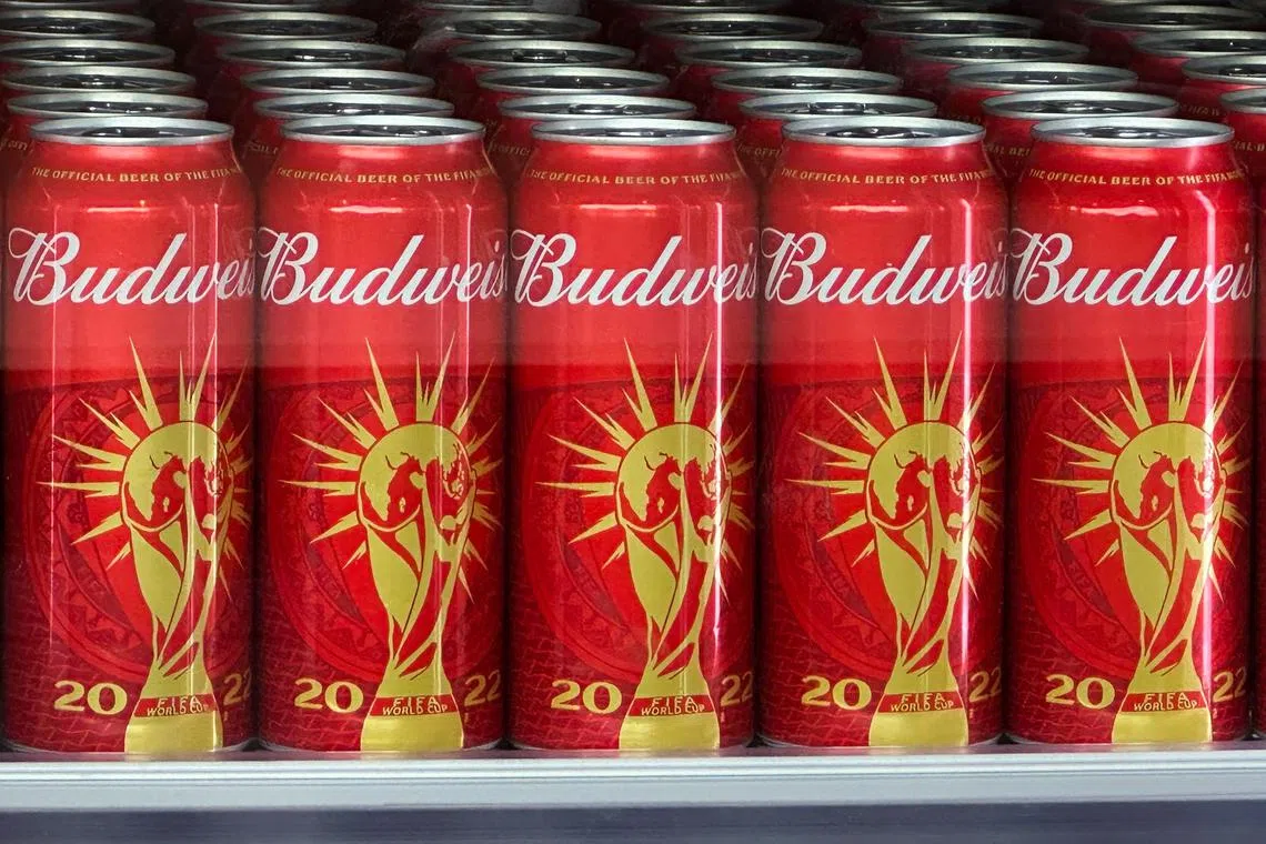 Cans of Budweiser beer featuring the Fifa World Cup logo on display in Doha. 