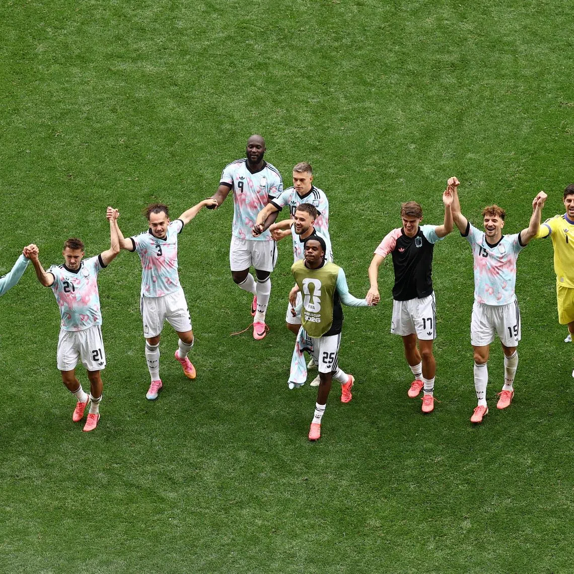 Soccer Football - FIFA World Cup 2026 - Round of 32 - Belgium v Senegal - Seattle Stadium, Seattle, Washington, U.S. - July 1, 2026 Belgium players celebrate after the match as Belgium qualify for the Round of 16 stage of the World Cup REUTERS/Lee Smith