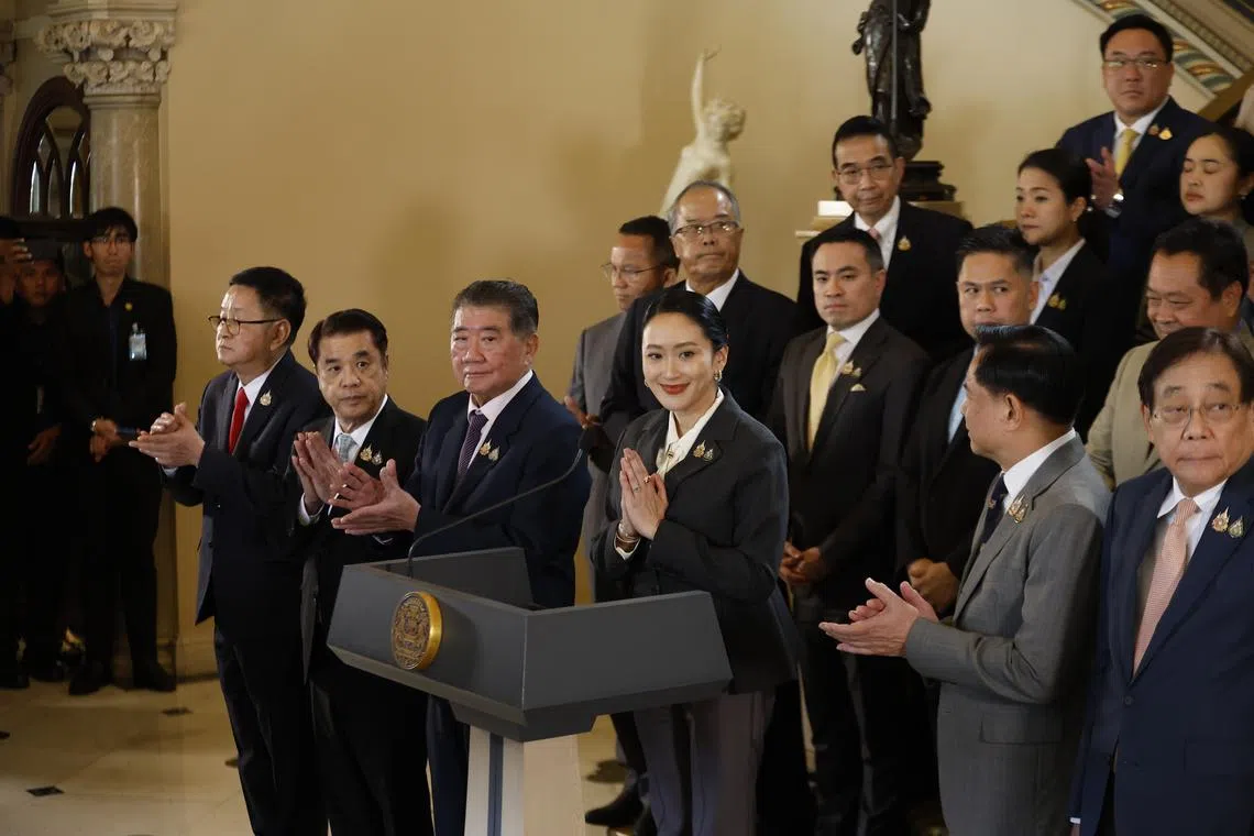 Ousted Thai prime minister Paetongtarn Shinawatra at a press conference to address her removal from office on Aug 29.