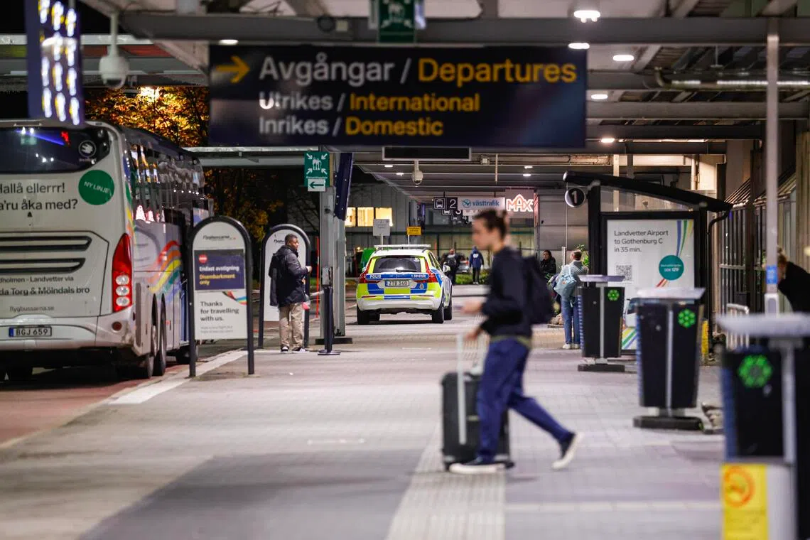 Police at Sweden's Landvetter Airport on Nov 6, after a drone sighting caused a temporary closure of the facility.