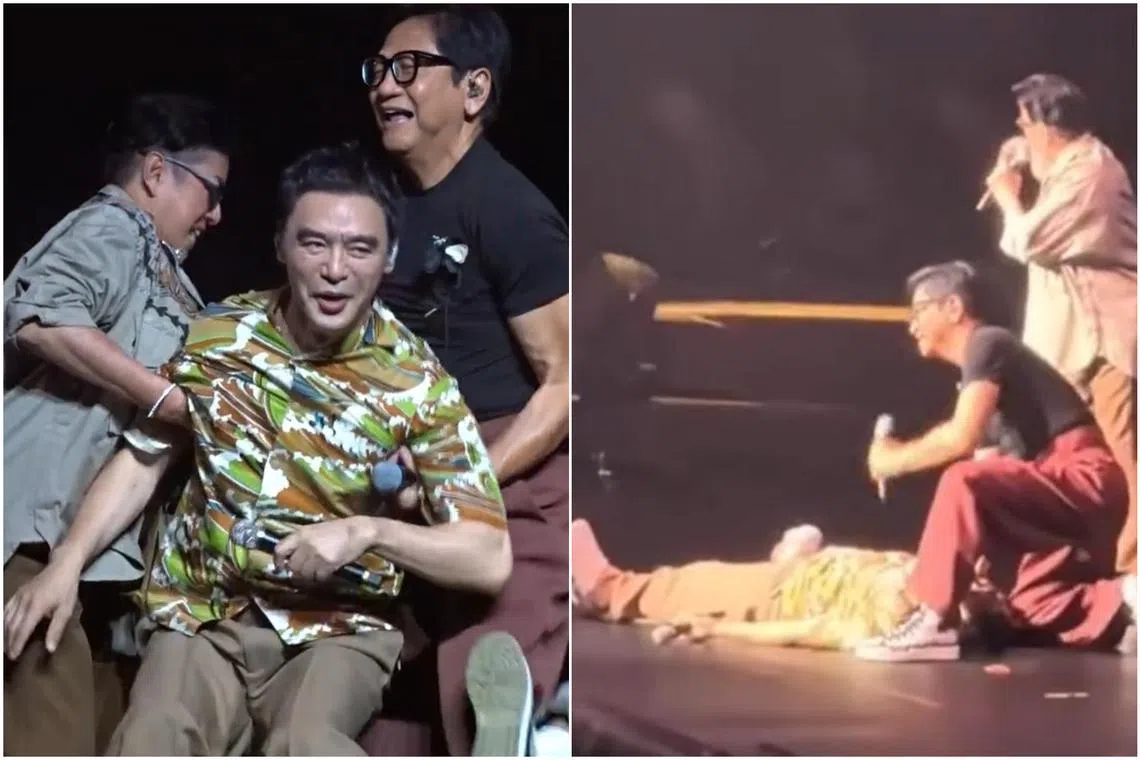 Kenny Bee was singing and dancing when he slipped and fell on stage, possibly due to the ground being made slippery by the dry ice.