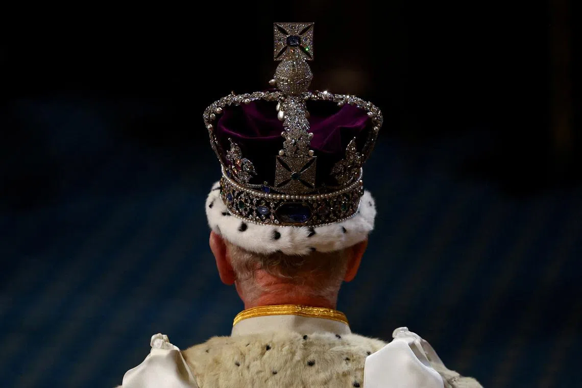 Britain's King Charles wears the Imperial State Crown on the day of the State Opening of Parliament at the Palace of Westminster in London, Britain, July 17, 2024. REUTERS/Hannah McKay/Pool