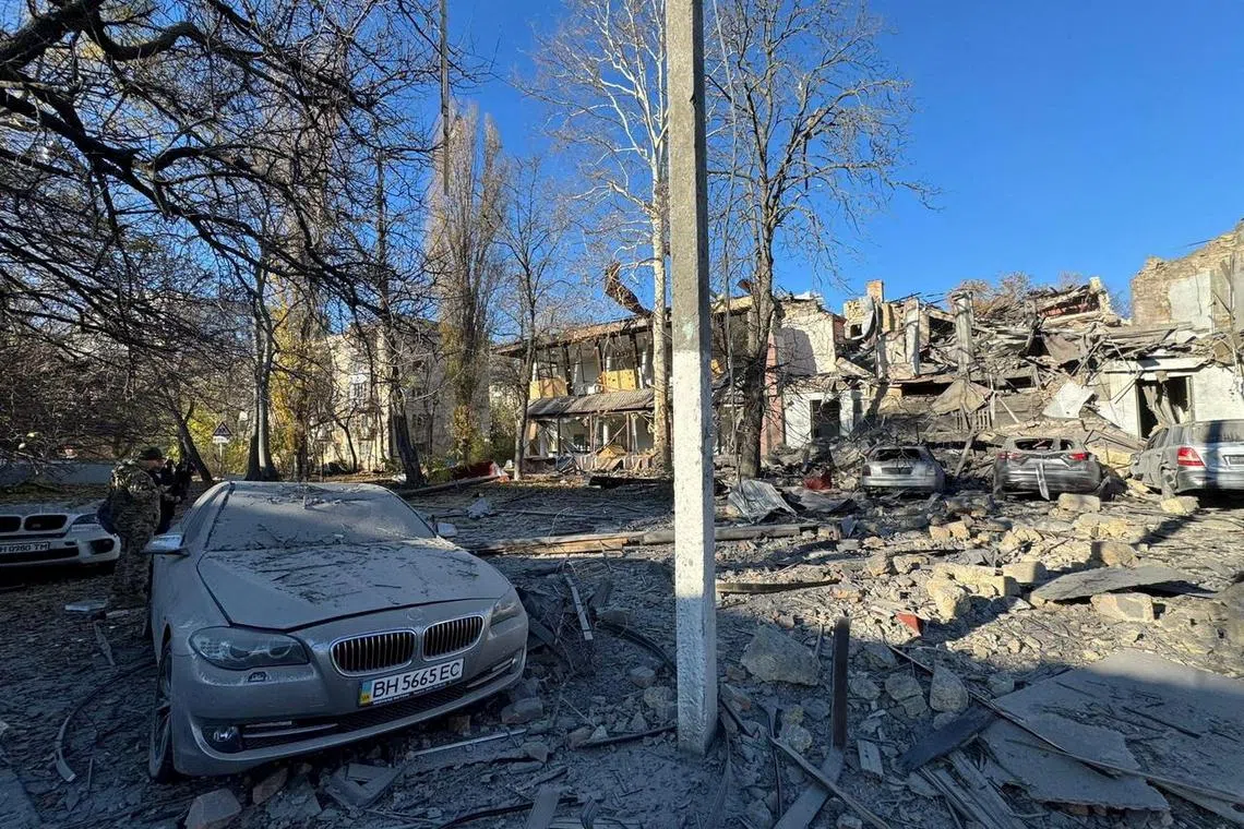 A view shows buildings and cars heavily damaged by a Russian missile strike, amid Russia's attack on Ukraine, in Odesa, Ukraine November 25, 2024. Ukraine's President Volodymyr Zelenskiy via Telegram/Handout via REUTERS