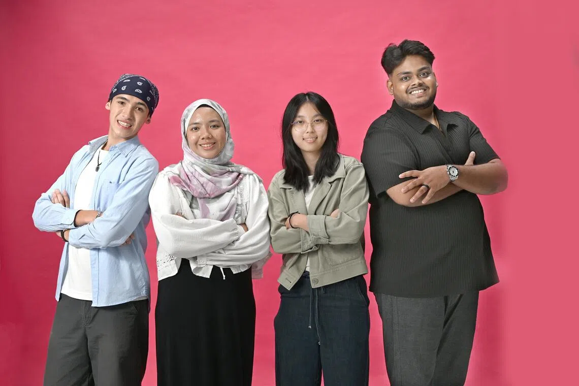 (From left) Alexander Peter Lin-You Burton, Humaira Safiya, Trina Lee and Vishnukeshn Sivapragasam are among youngsters who are proud and optimistic about the future.
