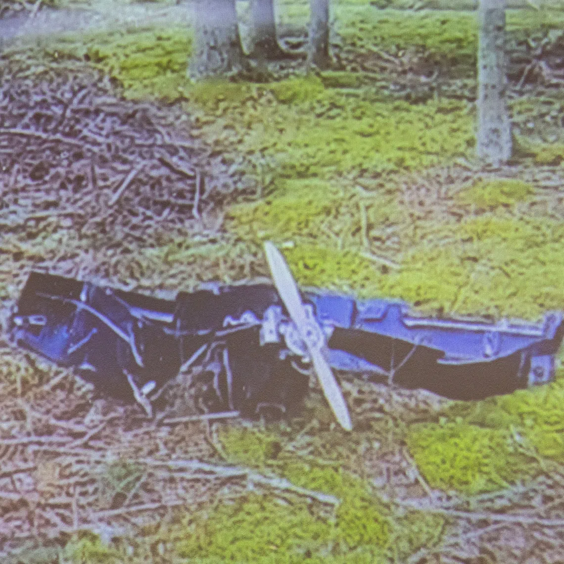 The image of a drone is displayed on a screen during a press conference in Kouvola, Finland March 29, 2026. Lehtikuva/Sasu Jarnstedt via REUTERS