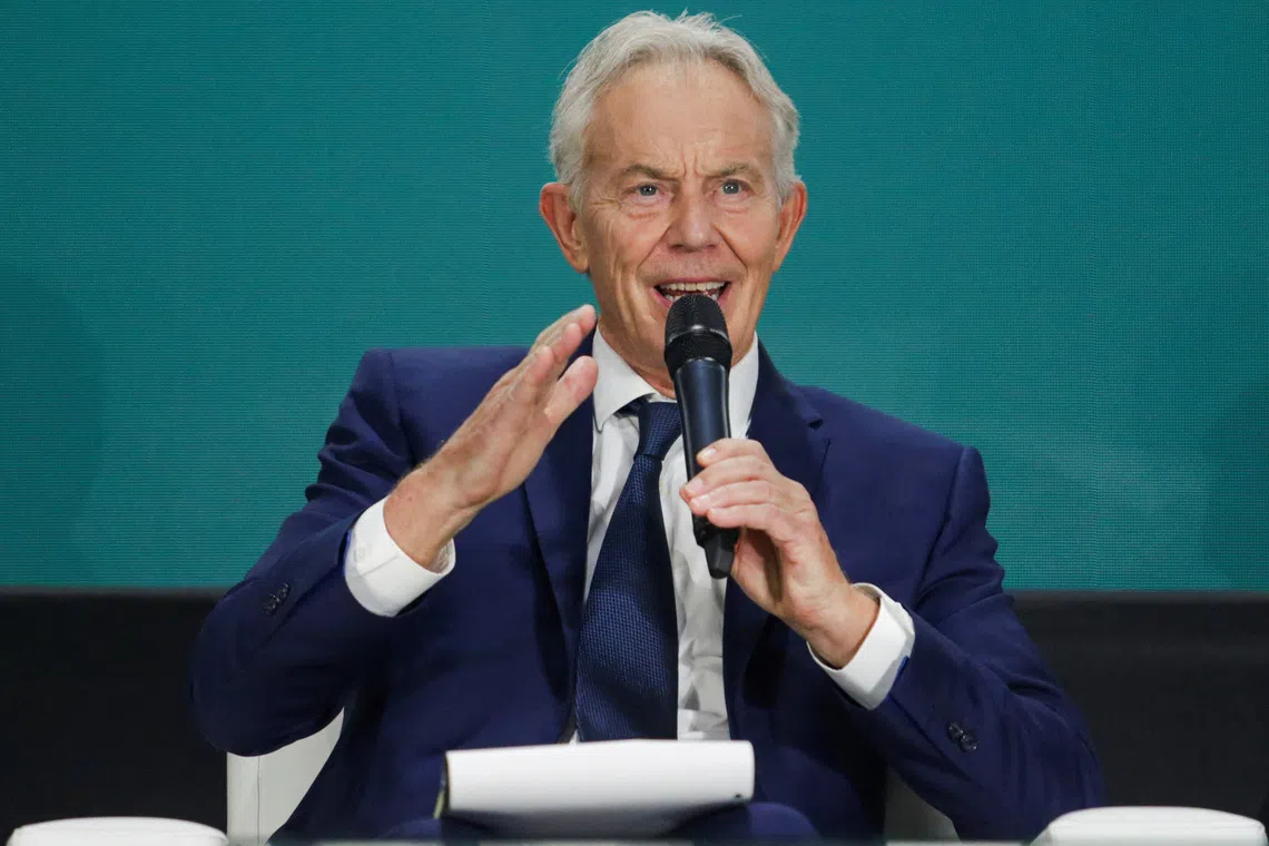 Former British Prime Minister Tony Blair speaks during a dialogue at the International Bali Airshow at Ngurah Rai International Airport, in Kuta, Bali, Indonesia, September 18, 2024. REUTERS/Johannes P. Christo