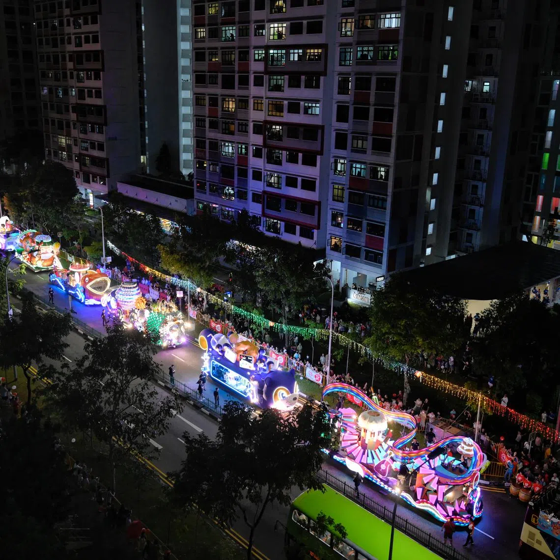 Floats passing by Ci Yuan Community Club during the launch of the Chingay@Heartlands celebrations in Ang Mo Kio on Feb 15.