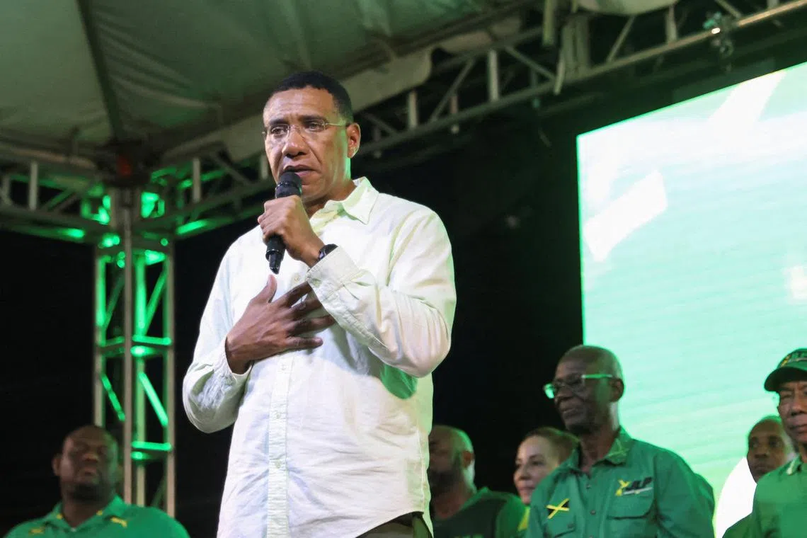 FILE PHOTO: Jamaica's Prime Minister Andrew Holness addresses supporters after the ruling Labour Party declared victory in the general election, ushering in a third consecutive term for Holness, in Kingston, Jamaica September 4, 2025. REUTERS/Gilbert Bellamy/File Photo