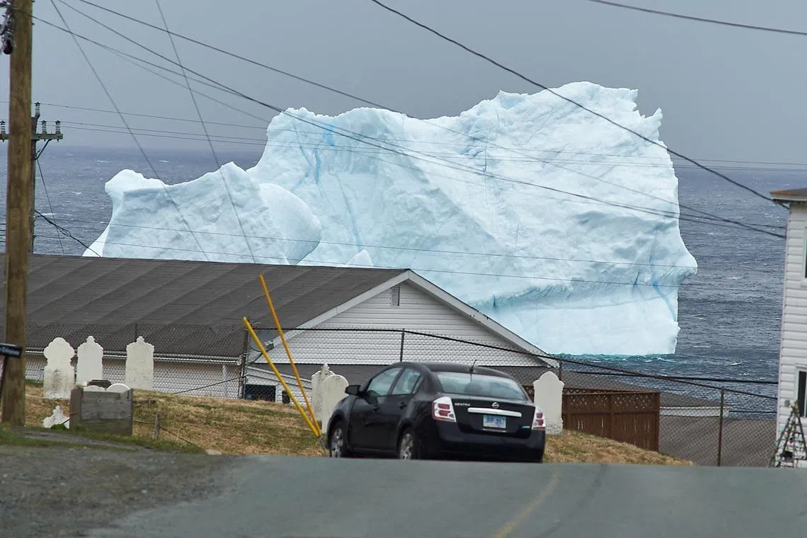 A large iceberg is seen grounded in the harbour in Pouch Cove, Newfoundland, Canada on May 4, 2026. 