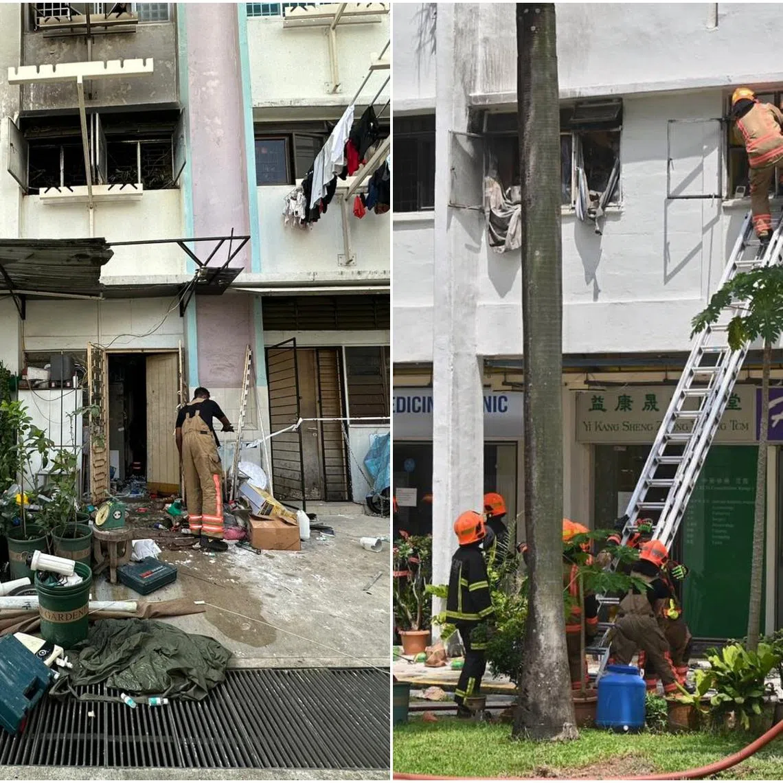 Firefighters climbed into the unit through a window using a ladder, and used the staircase to enter the flat via the back entrance.